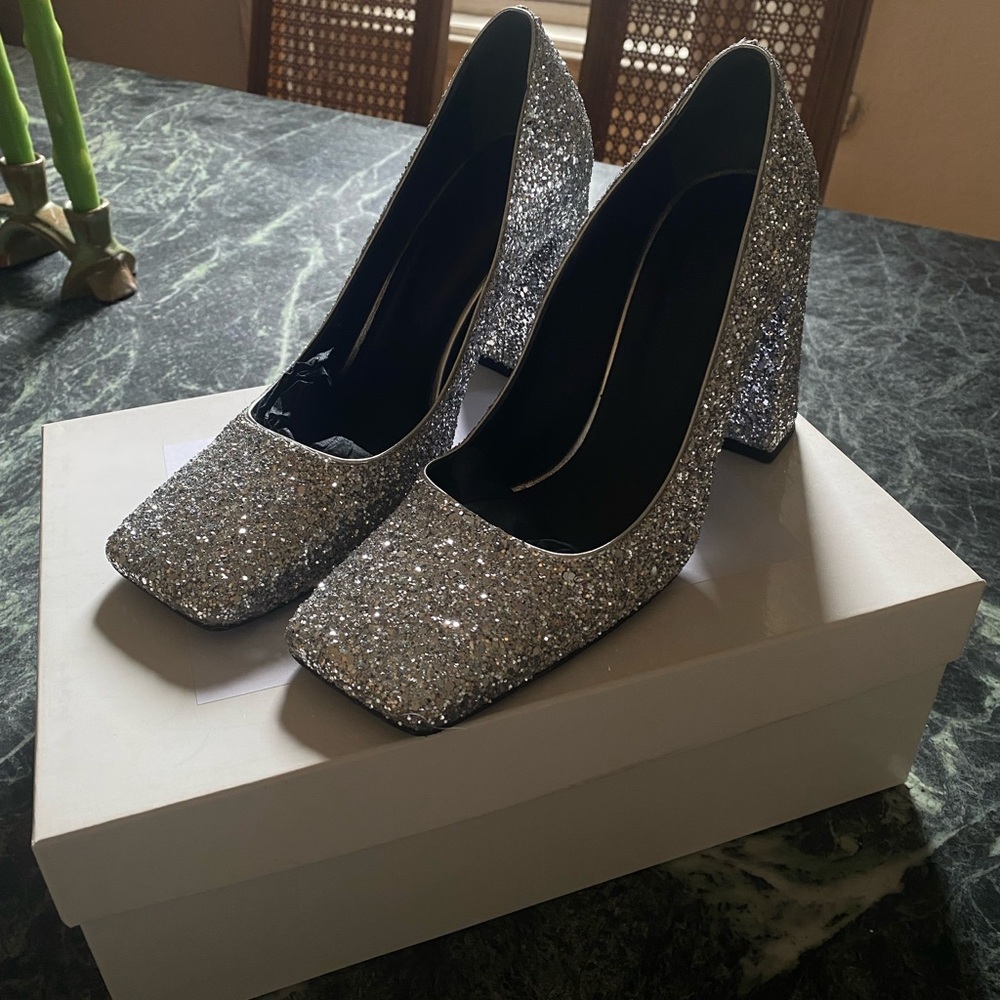 Elegant Silver Glitter Block Heels